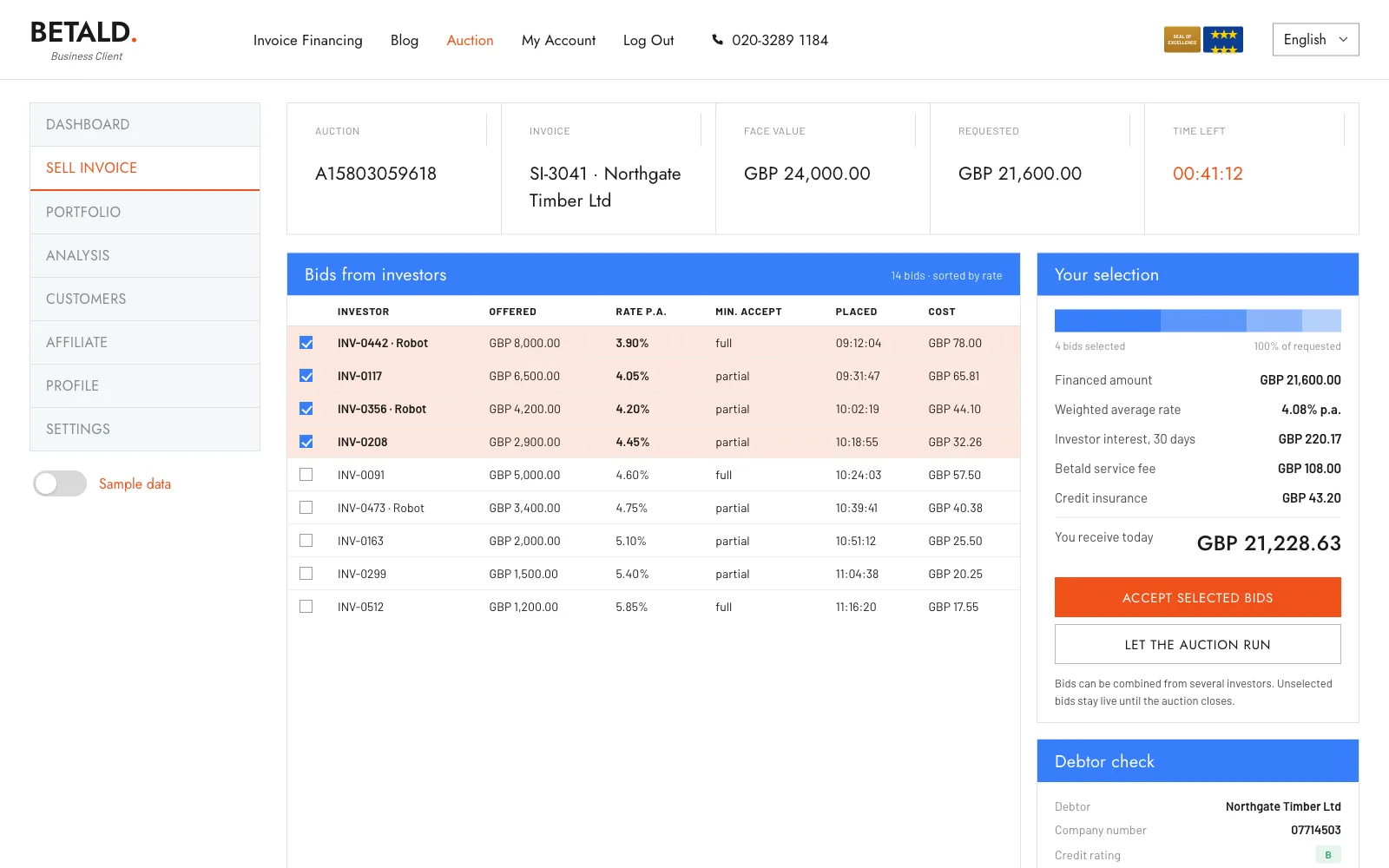 Betald — площадка факторинга с обратным аукционом инвесторов и интеграциями с бухгалтерскими системами — Экран 4