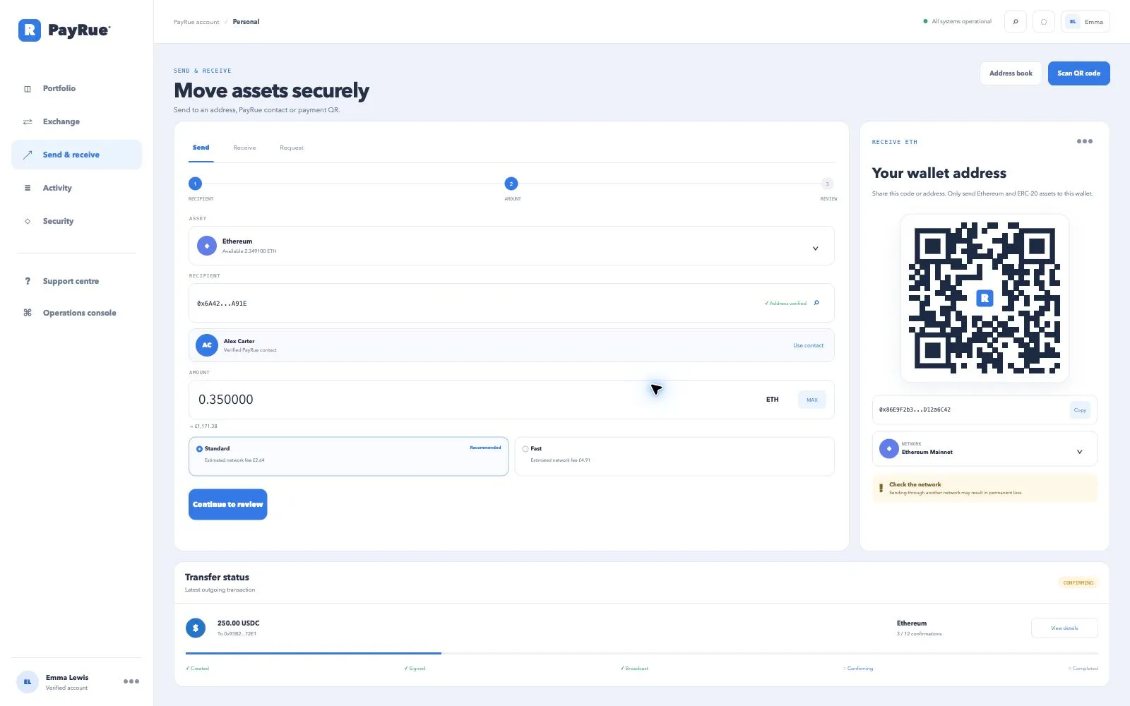 PayRue — мультиплатформенный криптокошелёк, обмен и фиатная инфраструктура — Экран 4