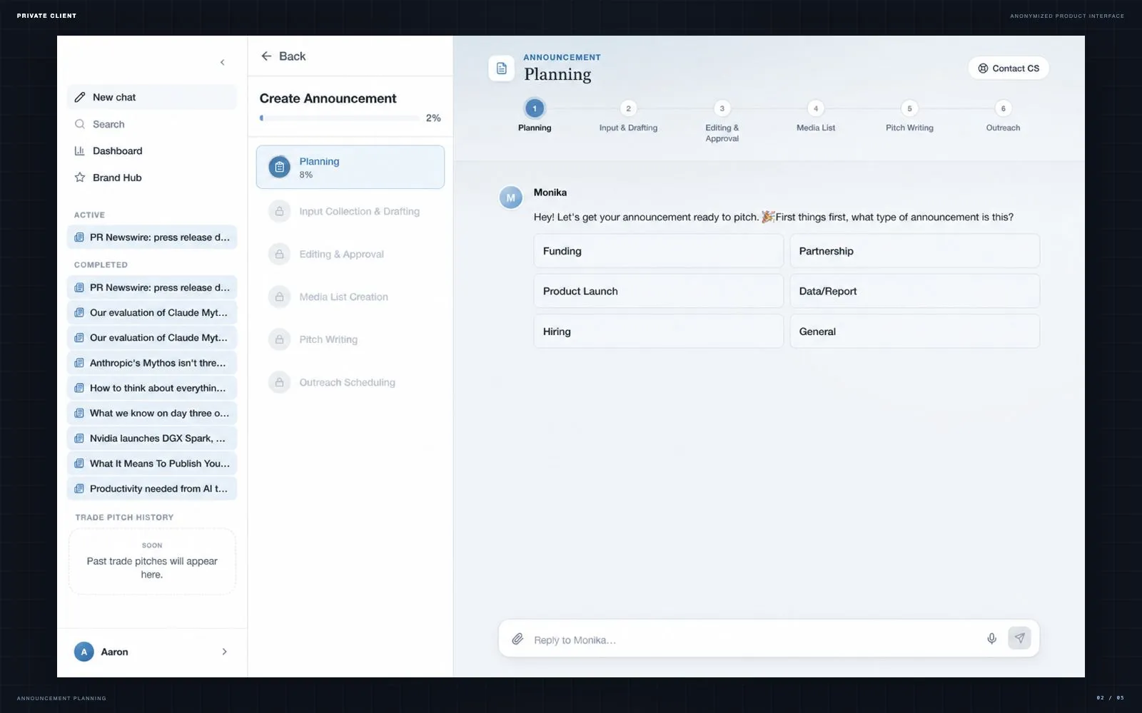 Агентная ИИ-платформа полного цикла PR — Планирование объявления — ракурс подачи, спикер и подбор момента