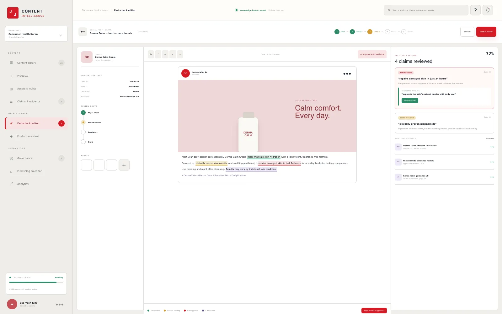 RAG-платформа проверки продуктового контента для Johnson & Johnson — Редактор с проверкой утверждений — подтверждённые, спорные и неподтверждённые формулировки