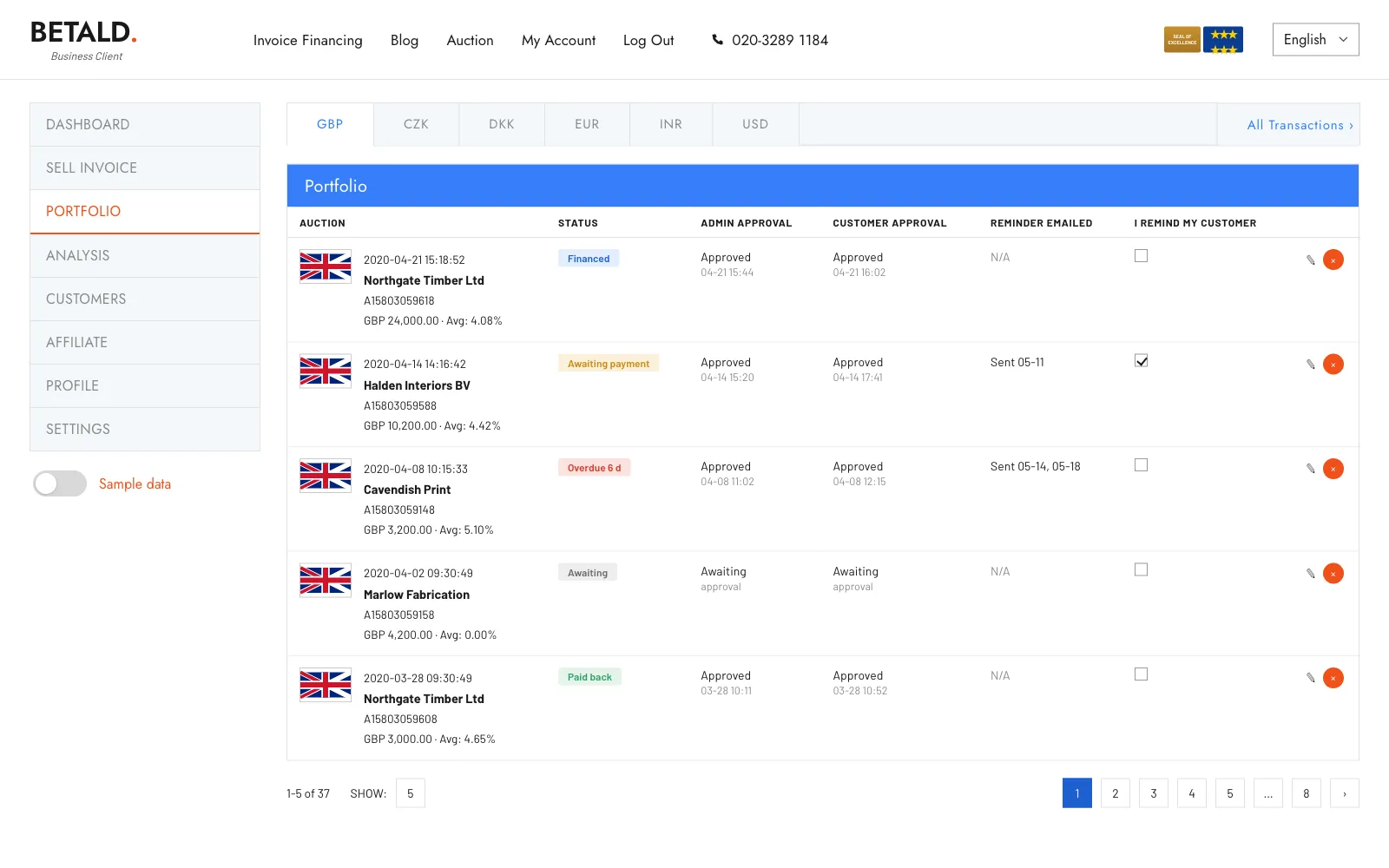 Betald — площадка факторинга с обратным аукционом инвесторов и интеграциями с бухгалтерскими системами — Экран 5