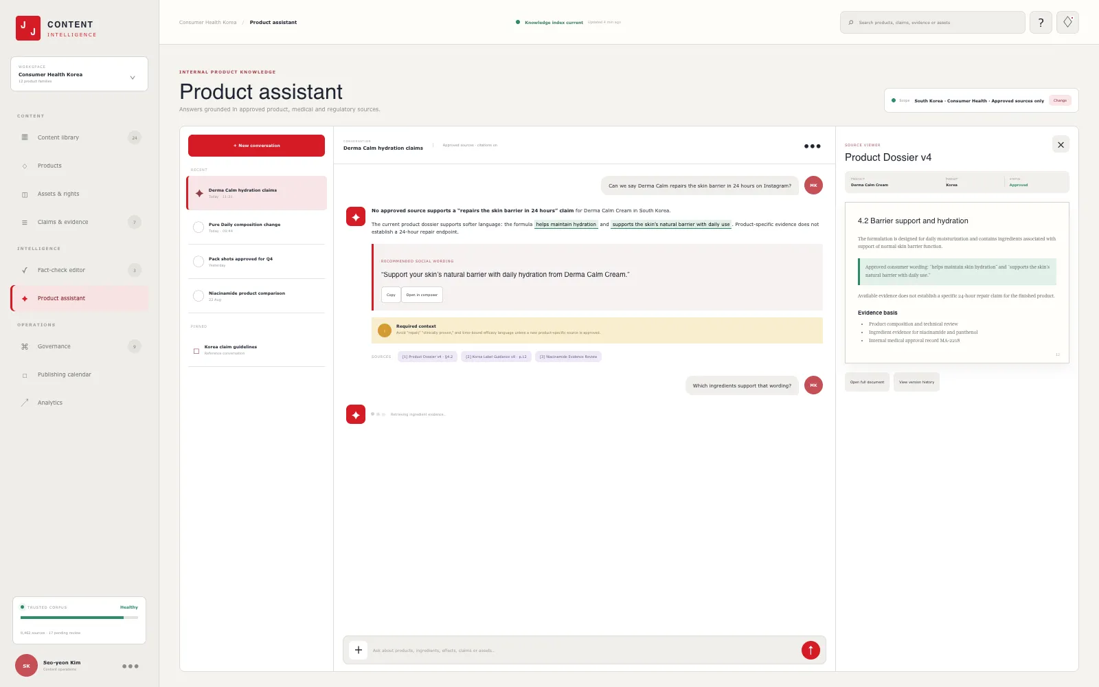 RAG-платформа проверки продуктового контента для Johnson & Johnson — Продуктовый ассистент отвечает по утверждённым источникам и показывает цитаты