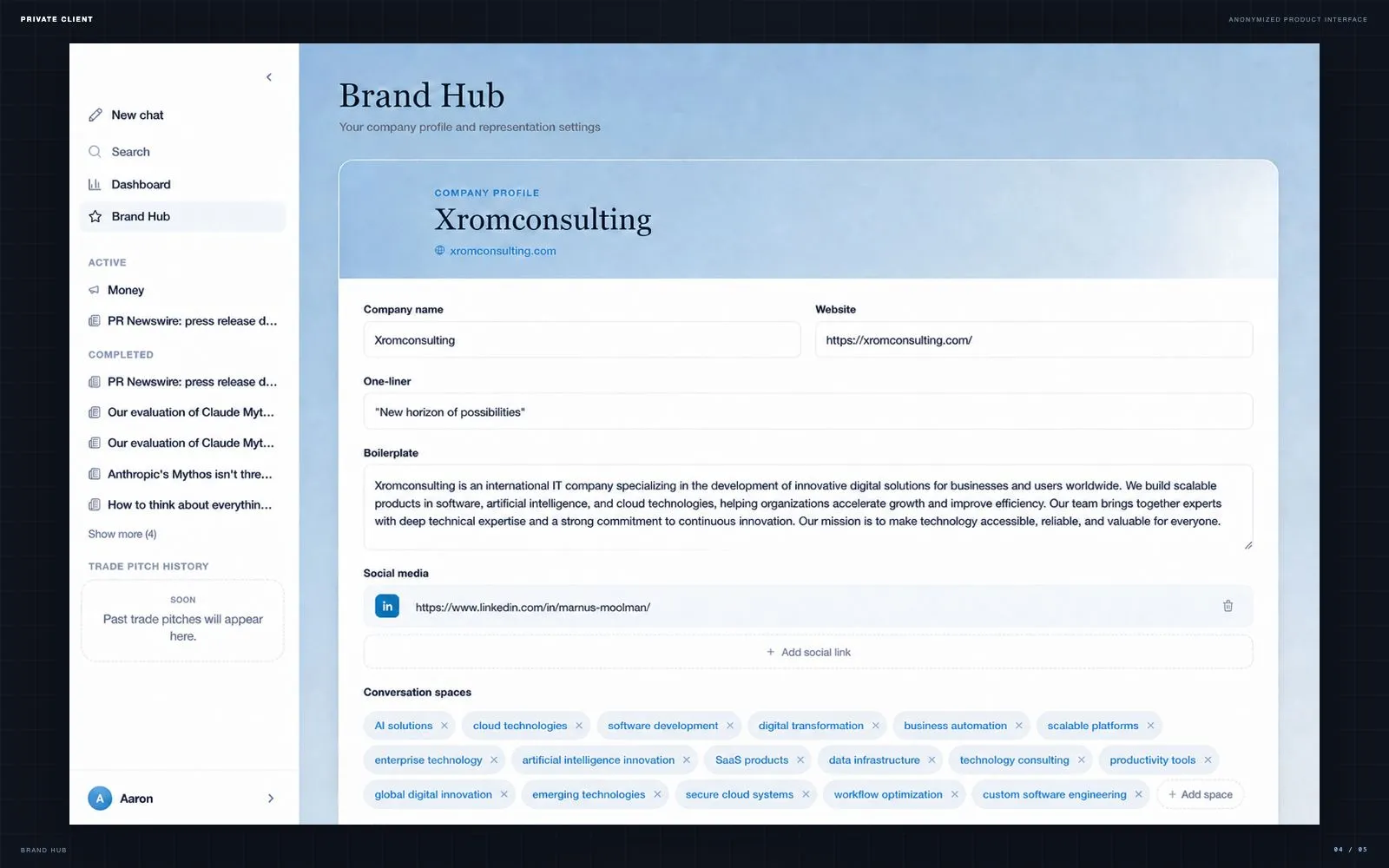 Агентная ИИ-платформа полного цикла PR — Профиль компании — позиционирование, темы и разрешённые формулировки